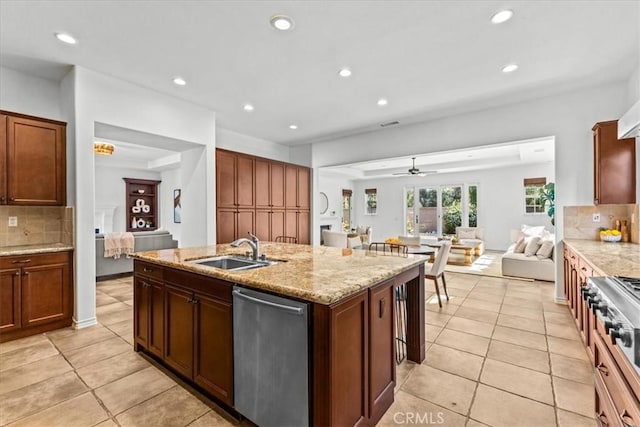31521 Paseo Campeon, San Juan Capistrano, CA 92675 - kitchen featuring stainless steel dishwasher, backsplash, light tile patterned floors, recessed lighting, and open floor plan