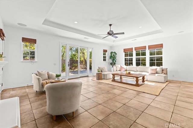 31521 Paseo Campeon, San Juan Capistrano, CA 92675 - living area with a raised ceiling, ceiling fan, light tile patterned flooring, plenty of natural light, and recessed lighting