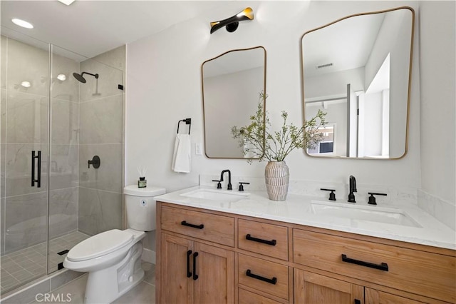 9712 Saloma Ave, North Hills, CA 91343 - bathroom with double vanity, a stall shower, and tile patterned flooring