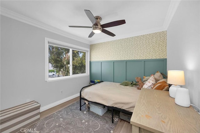 373 N Via Remo, Anaheim, CA 92806 - bedroom with ornamental molding, wallpapered walls, wood finished floors, wainscoting, and ceiling fan