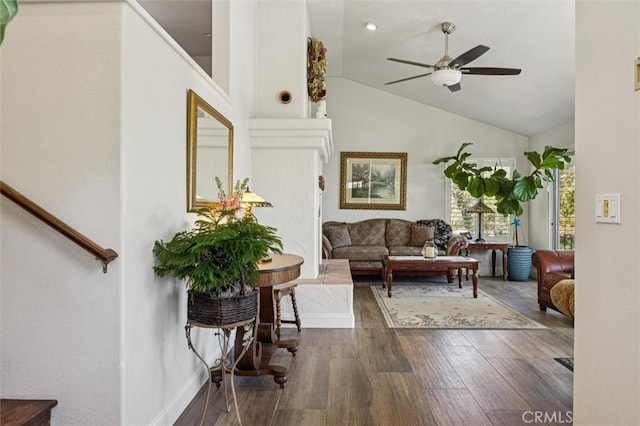 9230 Las Lomas Ave, Atascadero, CA 93422 - living area with a ceiling fan, wood finished floors, and high vaulted ceiling