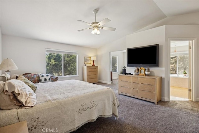 9230 Las Lomas Ave, Atascadero, CA 93422 - bedroom featuring vaulted ceiling, light carpet, connected bathroom, and ceiling fan