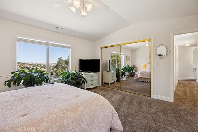 9230 Las Lomas Ave, Atascadero, CA 93422 - bedroom featuring vaulted ceiling, carpet floors, a closet, and ceiling fan