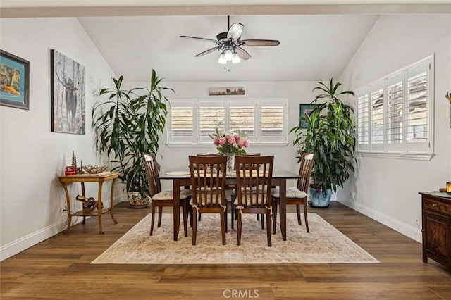 9230 Las Lomas Ave, Atascadero, CA 93422 - dining area with lofted ceiling, a ceiling fan, and wood finished floors