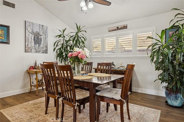 9230 Las Lomas Ave, Atascadero, CA 93422 - dining space with a ceiling fan, wood finished floors, and lofted ceiling