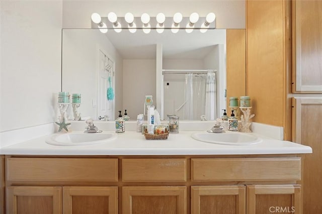 9230 Las Lomas Ave, Atascadero, CA 93422 - full bathroom featuring double vanity and a shower with curtain