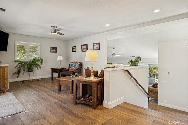 9230 Las Lomas Ave, Atascadero, CA 93422 - sitting room featuring a ceiling fan, an upstairs landing, light wood-style flooring, and recessed lighting