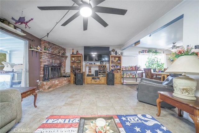 61497 Valley View Dr, Joshua Tree, CA 92252 - living area featuring a ceiling fan, a brick fireplace, and tile patterned flooring