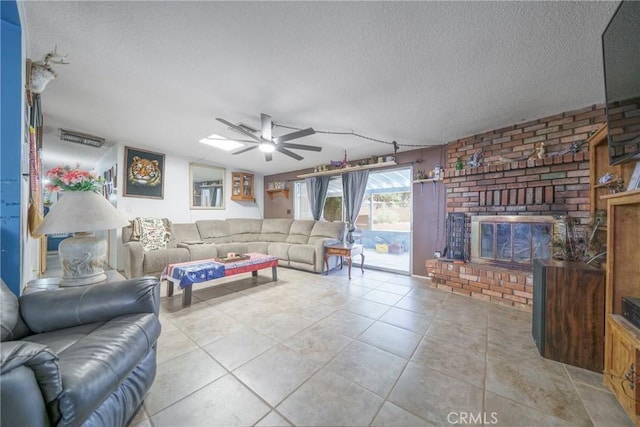 61497 Valley View Dr, Joshua Tree, CA 92252 - tiled living room with a textured ceiling, a ceiling fan, and a brick fireplace