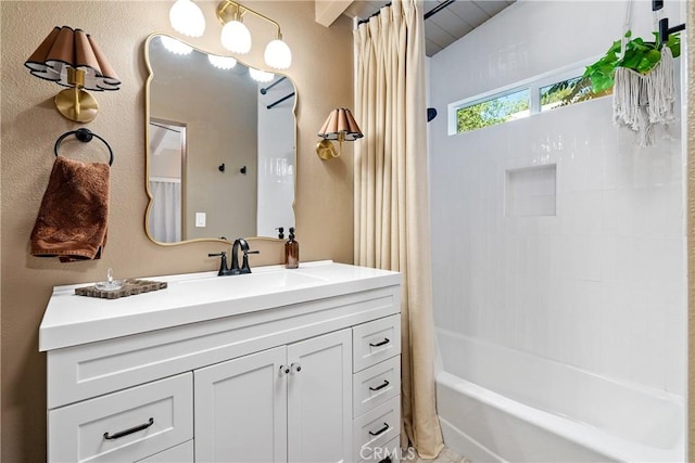 4095 Dolores Ave, Atascadero, CA 93422 - bathroom featuring vanity, shower / bath combo, and lofted ceiling