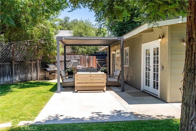 4095 Dolores Ave, Atascadero, CA 93422 - fenced backyard featuring french doors, a patio area, area for grilling, and outdoor lounge area