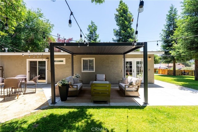 4095 Dolores Ave, Atascadero, CA 93422 - back of house featuring stucco siding, an outdoor hangout area, a patio, and french doors