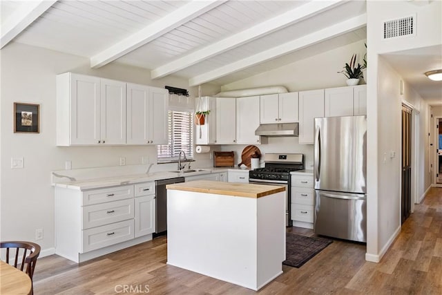 4095 Dolores Ave, Atascadero, CA 93422 - kitchen featuring stainless steel appliances, under cabinet range hood, wood counters, white cabinets, and wood finished floors