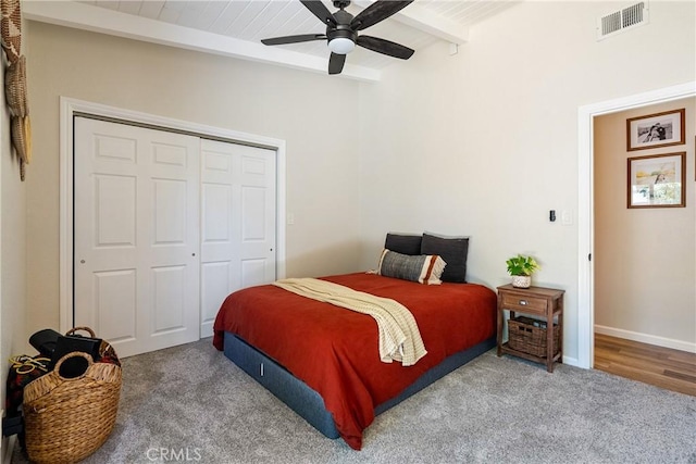 4095 Dolores Ave, Atascadero, CA 93422 - bedroom with beamed ceiling, a closet, carpet flooring, and a ceiling fan