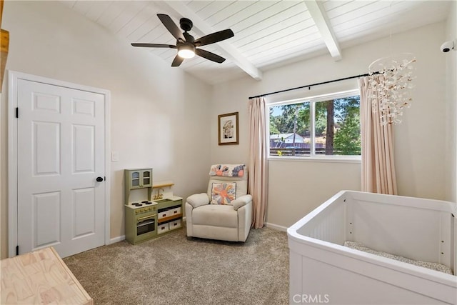 4095 Dolores Ave, Atascadero, CA 93422 - carpeted bedroom with a nursery area, a wood ceiling with exposed beams, and a ceiling fan