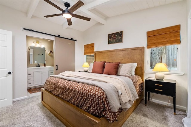 4095 Dolores Ave, Atascadero, CA 93422 - bedroom with a barn door, carpet, ensuite bath, and a ceiling fan