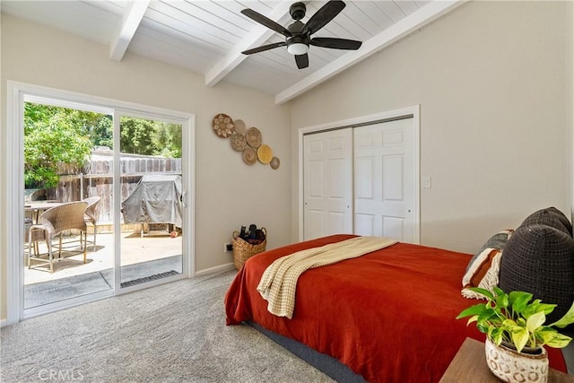 4095 Dolores Ave, Atascadero, CA 93422 - bedroom featuring access to exterior, carpet flooring, a closet, and a ceiling fan