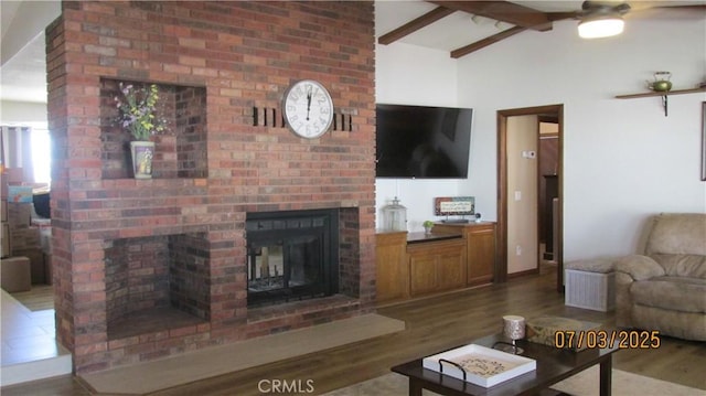19824 Yucca Loma Rd, Apple Valley, CA 92307 - living area featuring a brick fireplace, a ceiling fan, and wood finished floors