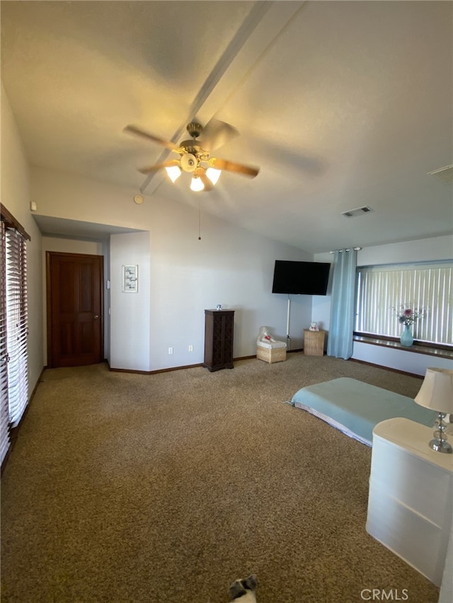 19824 Yucca Loma Rd, Apple Valley, CA 92307 - carpeted living area featuring a ceiling fan and lofted ceiling