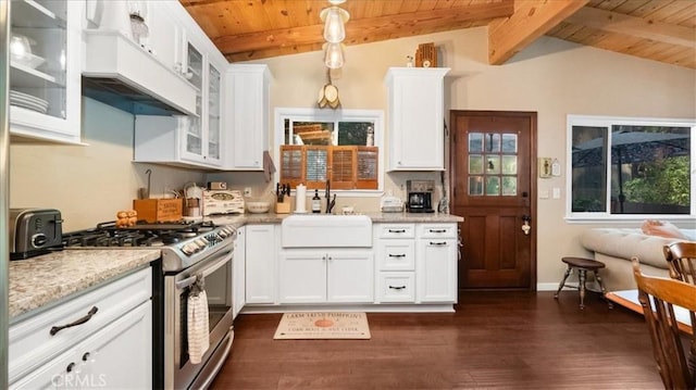 25086 Boa Dr, Crestline, CA 92325 - kitchen with gas range, wood ceiling, dark wood-type flooring, white cabinetry, and glass insert cabinets