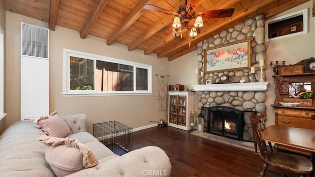 25086 Boa Dr, Crestline, CA 92325 - living area featuring wood finished floors, wooden ceiling, a fireplace, ceiling fan, and a heating unit