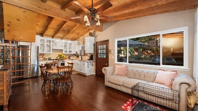 25086 Boa Dr, Crestline, CA 92325 - living area with wood ceiling, a ceiling fan, and dark wood-style floors