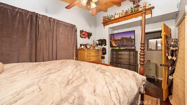 25086 Boa Dr, Crestline, CA 92325 - bedroom with wood finished floors, beamed ceiling, and a ceiling fan