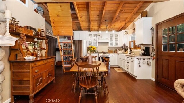 25086 Boa Dr, Crestline, CA 92325 - dining space featuring a wood ceiling with exposed beams and dark wood-style flooring
