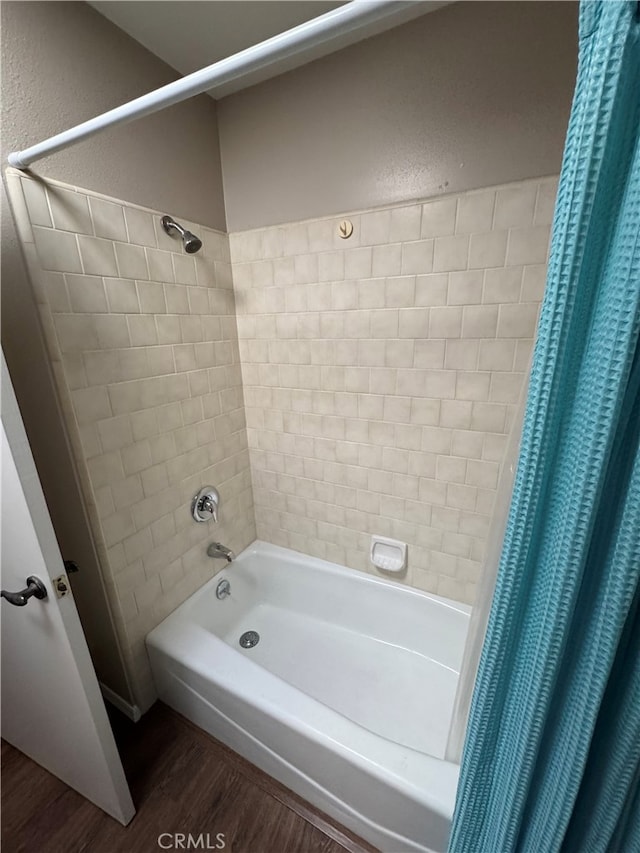 261 Spruce St Unit B, Arroyo Grande, CA 93420 - bathroom with wood finished floors and shower / bath combo with shower curtain