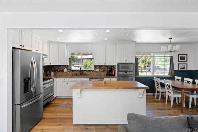 835 Minor Dr, Escondido, CA 92025 - kitchen with stainless steel appliances, wooden counters, white cabinetry, decorative backsplash, and recessed lighting