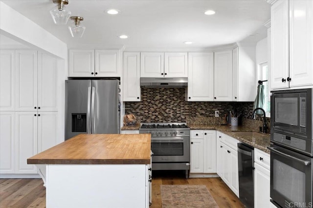 835 Minor Dr, Escondido, CA 92025 - kitchen featuring black appliances, white cabinets, under cabinet range hood, and recessed lighting