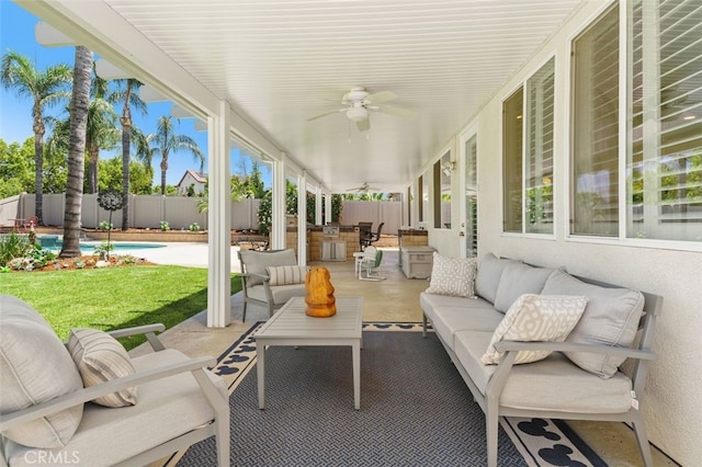 1647 Naranjo Ct, Redlands, CA 92374 - fenced backyard with a ceiling fan, an outdoor living space, and a patio area