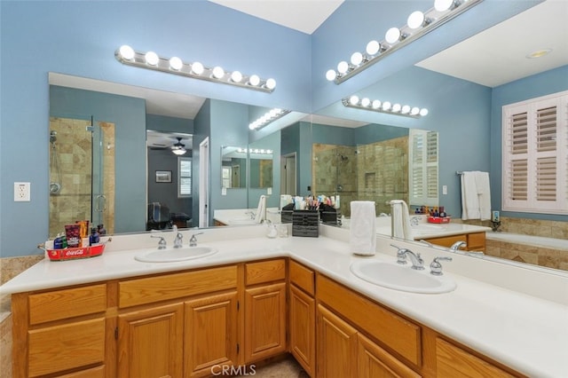 1647 Naranjo Ct, Redlands, CA 92374 - full bathroom with a stall shower, double vanity, ceiling fan, and a garden tub