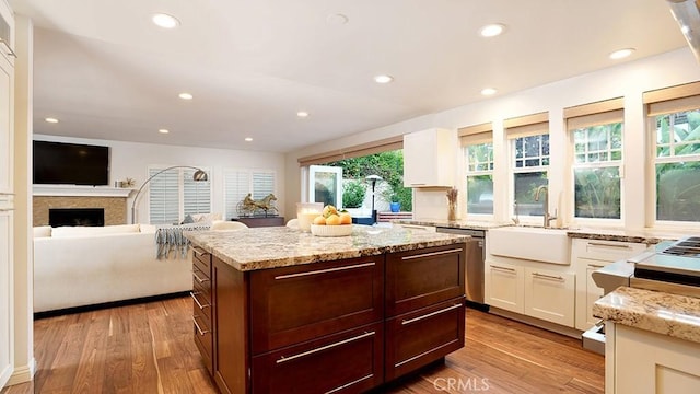 31962 Via Montura, San Juan Capistrano, CA 92675 - kitchen featuring dishwasher, light wood-style flooring, light stone counters, white cabinetry, and recessed lighting