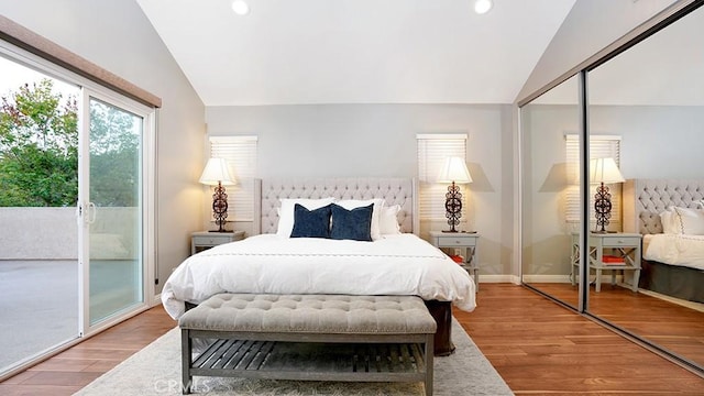 31962 Via Montura, San Juan Capistrano, CA 92675 - bedroom featuring vaulted ceiling, access to exterior, wood finished floors, and recessed lighting