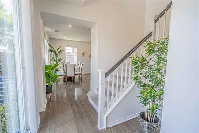 24270 Verdugo Cir, Valencia, CA 91354 - foyer with stairway, wood finished floors, and recessed lighting
