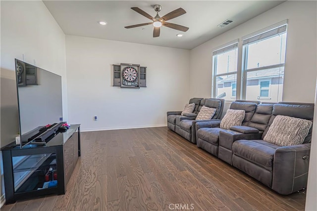 24270 Verdugo Cir, Valencia, CA 91354 - living area with a ceiling fan, dark wood finished floors, and recessed lighting