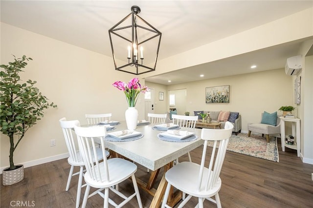 4548 Jade St, Los Angeles, CA 90032 - dining room featuring a wall mounted air conditioner, dark wood-type flooring, a chandelier, and recessed lighting