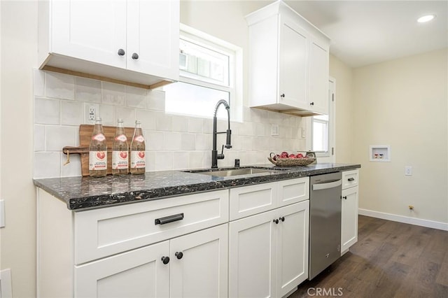 4548 Jade St, Los Angeles, CA 90032 - kitchen with dishwasher, dark wood-style flooring, white cabinets, tasteful backsplash, and recessed lighting