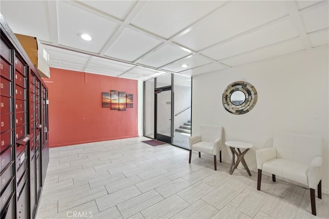 120 Alamitos Ave Unit 14, Long Beach, CA 90802 - building lobby featuring recessed lighting, stairway, floor to ceiling windows, and coffered ceiling