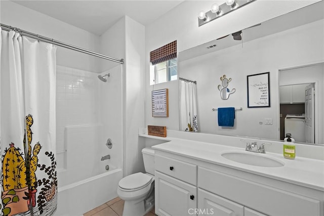 11317 Riverleaf Dr, Riverside, CA 92505 - full bathroom with vanity, shower / bathtub combination with curtain, tile patterned flooring, and a ceiling fan