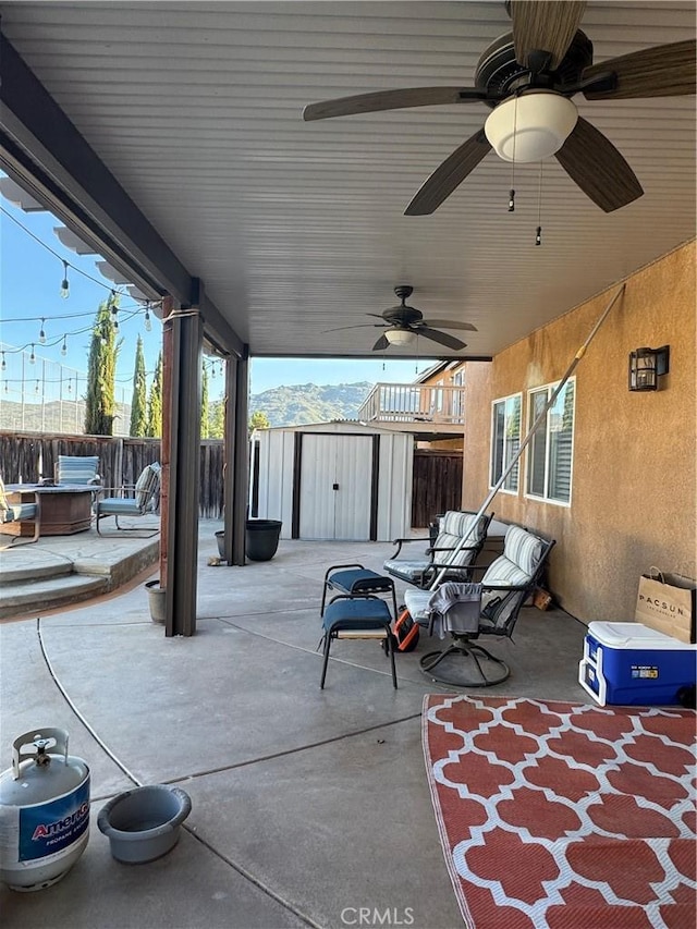 32555 Via Perales, Temecula, CA 92592 - view of patio featuring a shed and ceiling fan