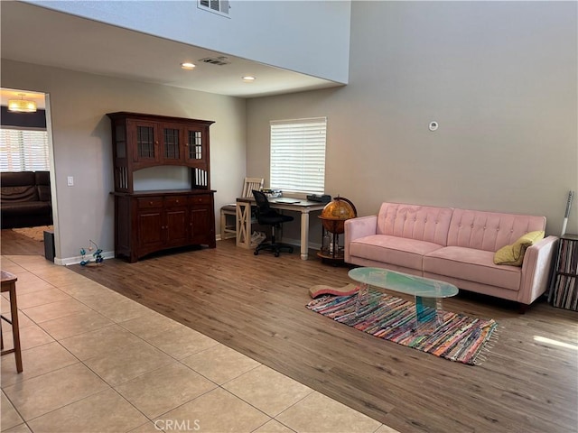 32555 Via Perales, Temecula, CA 92592 - living area featuring light tile patterned floors, a desk, and recessed lighting