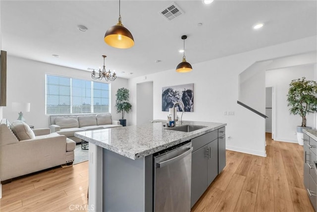 2123 Crescent Moon, Upland, CA 91786 - kitchen with stainless steel dishwasher, gray cabinetry, light wood-style flooring, a chandelier, and recessed lighting
