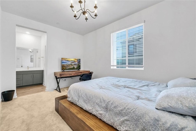 2123 Crescent Moon, Upland, CA 91786 - bedroom featuring a chandelier, light carpet, and connected bathroom