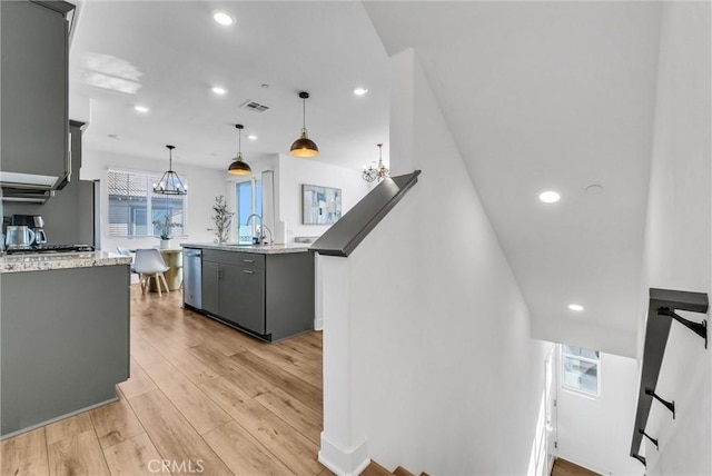 2123 Crescent Moon, Upland, CA 91786 - kitchen with gray cabinetry, dishwasher, light wood finished floors, recessed lighting, and decorative light fixtures