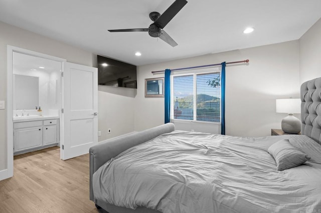 11052 Madrigal St, San Diego, CA 92129 - bedroom with light wood-type flooring, recessed lighting, ensuite bathroom, and ceiling fan