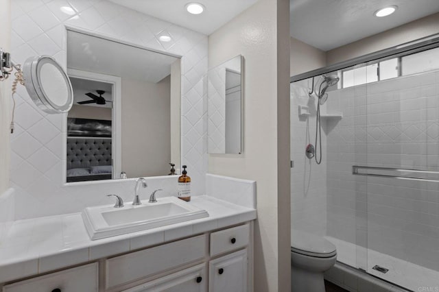 11052 Madrigal St, San Diego, CA 92129 - bathroom with a stall shower, vanity, and recessed lighting