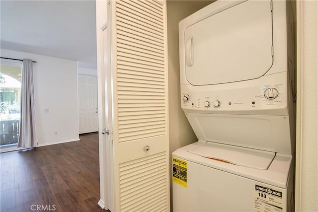 44939 Bellflower Ln Unit 118, Temecula, CA 92592 - laundry room featuring estacked washer and dryer and dark wood-style floors