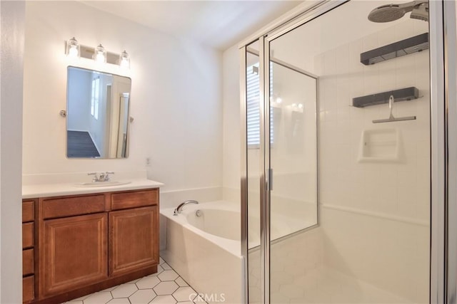 44939 Bellflower Ln Unit 118, Temecula, CA 92592 - bathroom with a stall shower, vanity, a bath, and tile patterned floors